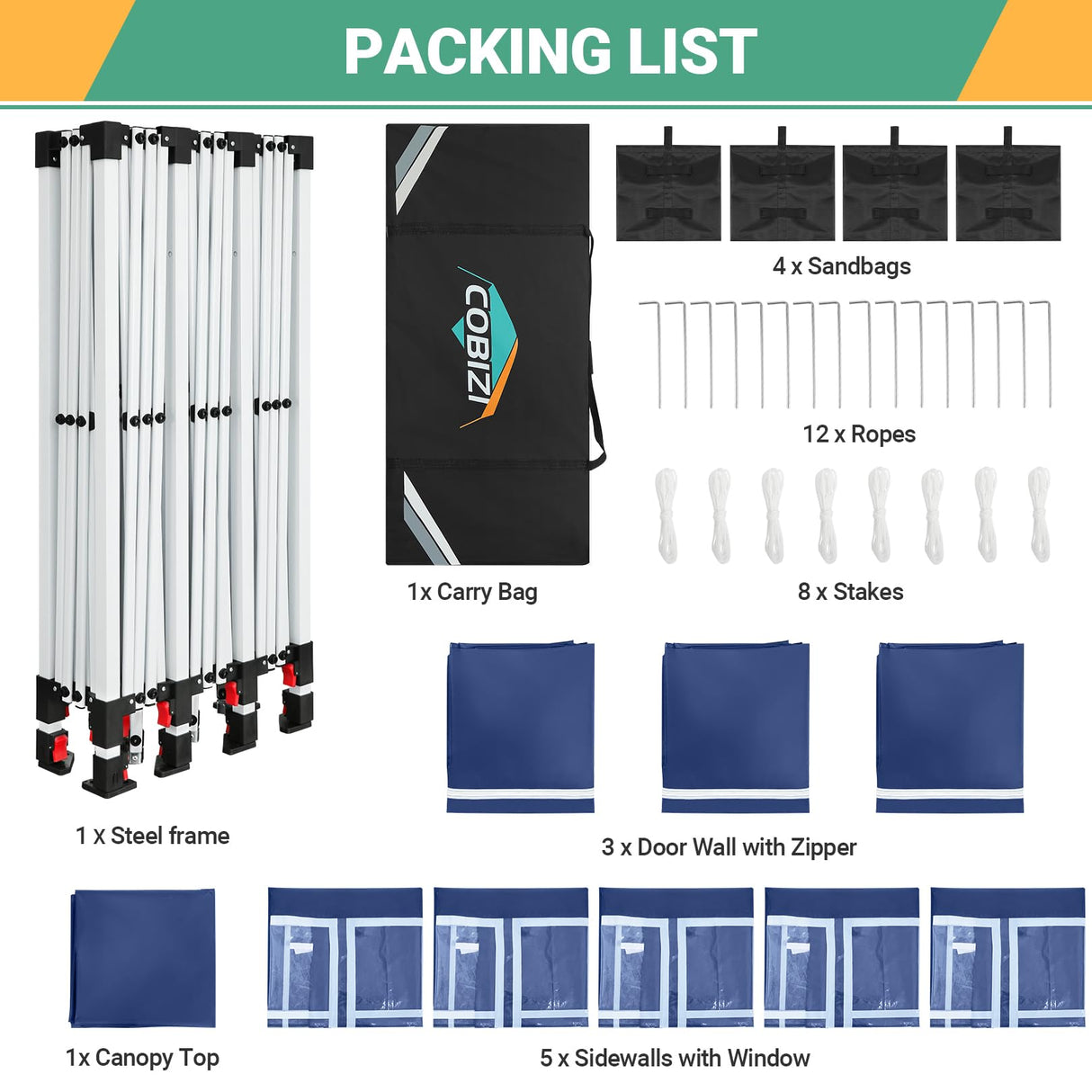 COBIZI 10x30 Canopy Party Tent with 8 Walls 10x30 Pop Up Tent for Parties Waterproof UPF 50+ Outdoor Commercial Event Tent for Party Backyard Gazebo Canopy with Sidewalls & Sandbags(navy blue,10x30ft COBIZI