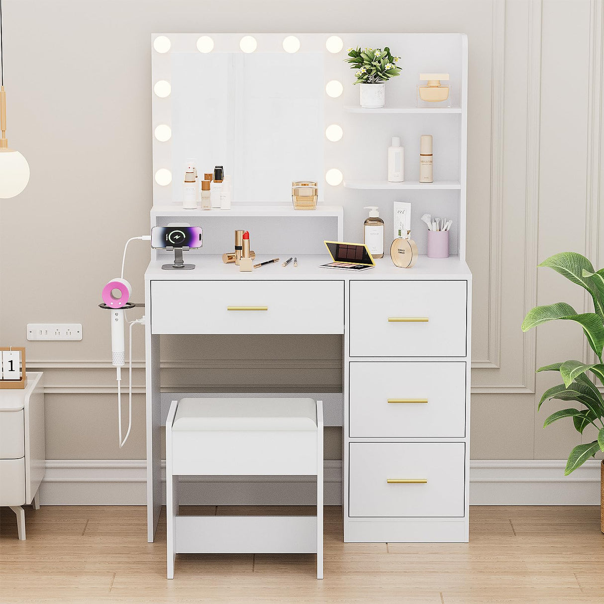 Alaxgumrol Makeup Vanity with Lights & Mirror, Vanity Desk with Power Outlet, White Vanity Set with 2 Drawers, Dressing Table with Adjustable 3 Lighting Color (White, Right Drawer) Alaxgumrol