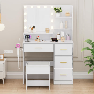 Alaxgumrol Makeup Vanity with Lights & Mirror, Vanity Desk with Power Outlet, White Vanity Set with 2 Drawers, Dressing Table with Adjustable 3 Lighting Color (White, Right Drawer)