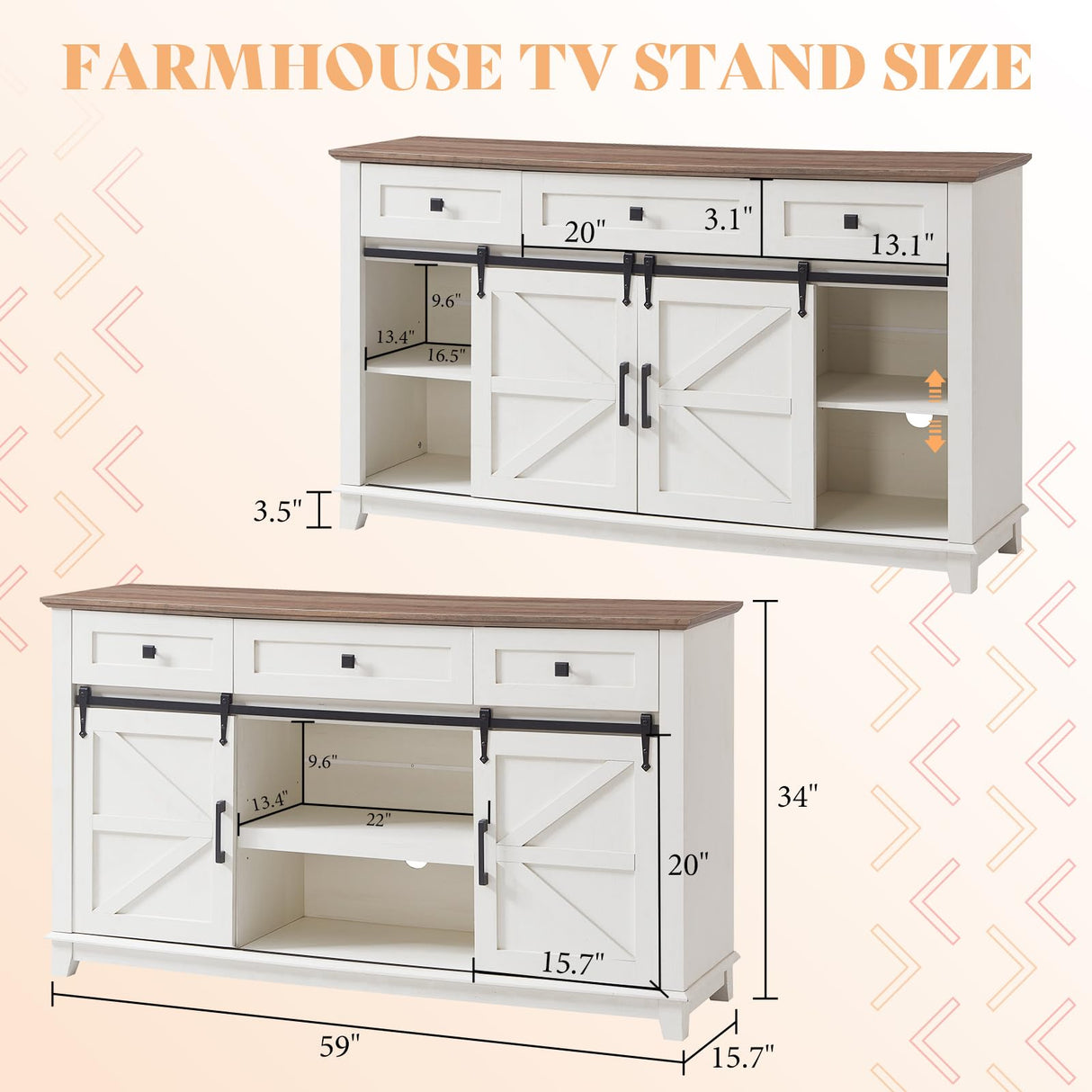 AMERLIFE Farmhouse TV Stand for Televisions up to 65 Inchs, Entertainment Center with Sliding Barn Doors and Storage Drawers, 59" TV Stand with Cabinets, Antique White AMERLIFE