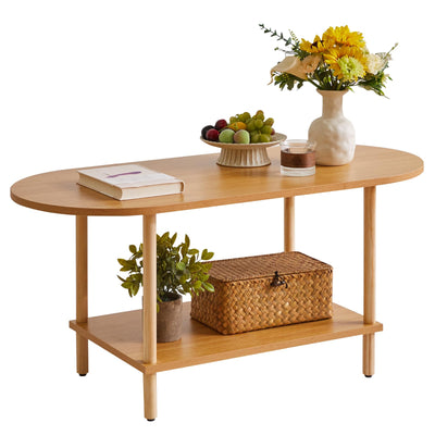 Aibiju Wooden Tea Table Small Coffee Table, 2 Tier Coffee Table for Living Room, 35x16x17inch TV Table Stand with Storage Shelf Natural Wood Color YD-012N