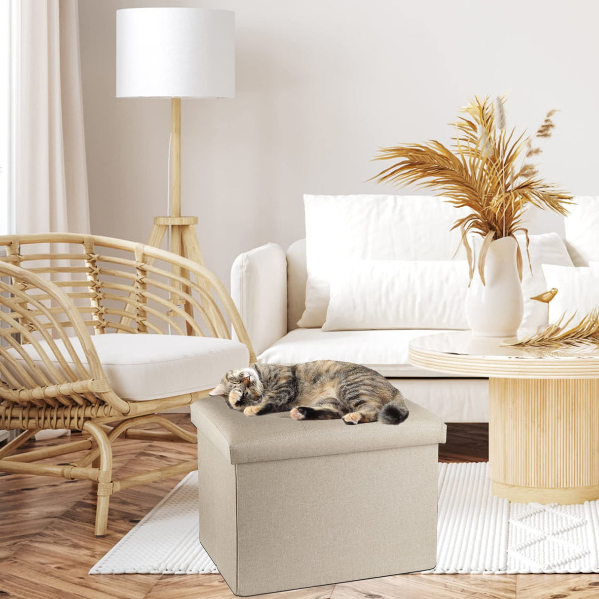 ALASDO Storage Ottoman Footrest Stool Small Ottoman with Storage Foldable Ottoman Foot Rest Footstool Bench for Living Room 17x13x13inches Beige ALASDO