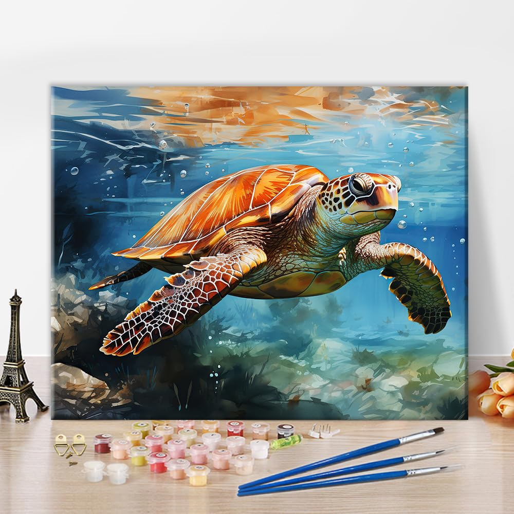 Sea Turtle DIY Paint by Numbers for Adults, Sea Turtle in The Sea Paint by Number Kits with Brushes and Pigment for Home Wall Decoration, Art Crafts, 16"x20" TUMOVO
