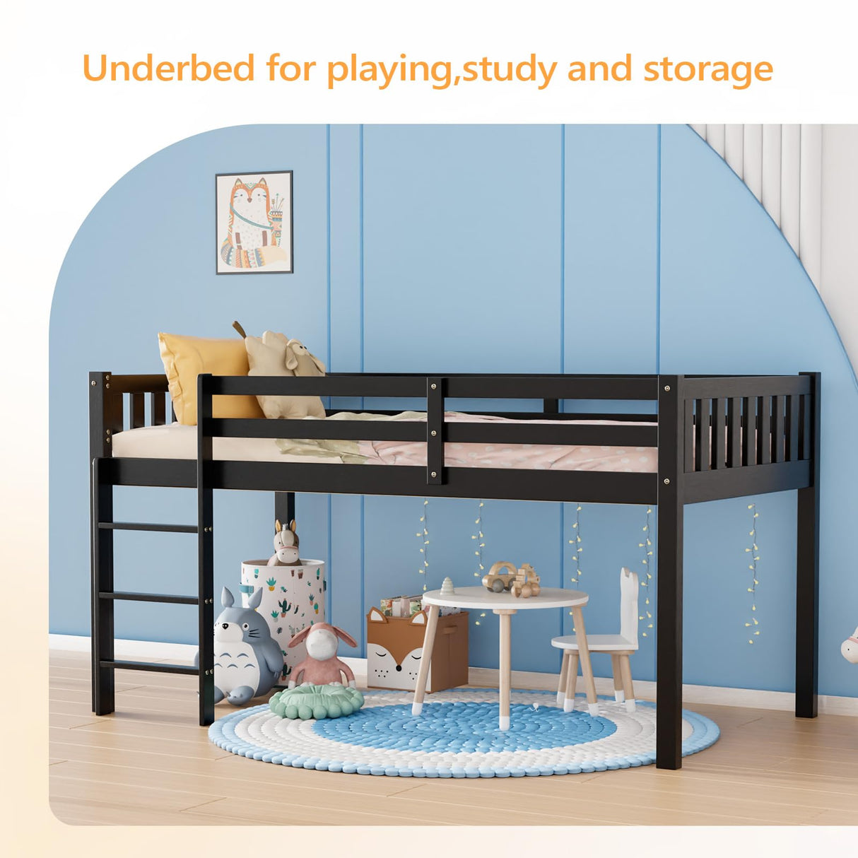 JOYMOR Twin Loft Bed Low Loft Bed Frame for Little Kids Small Room/Low Ceiling Bedrrom with Guardrail and Ladder (Black) JOYMOR