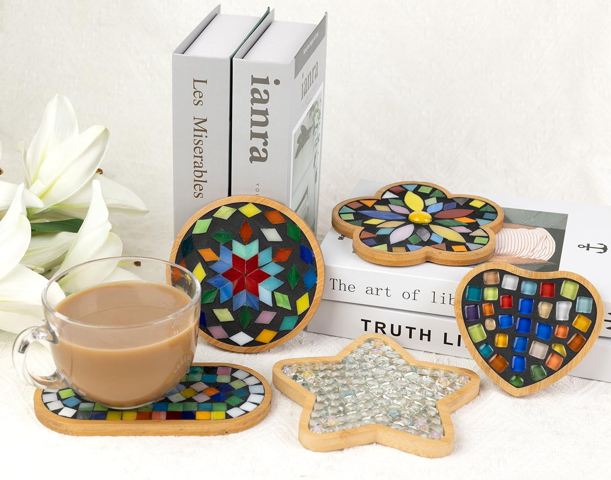 Lanyani 10pcs Wooden Assorted Shapes Mosaic Bases for DIY Mosaic Coaster Kit, with Wooden Surface for Handcrafted Glass Mosaic Tiles Crafts for Adults and Kids Lanyani