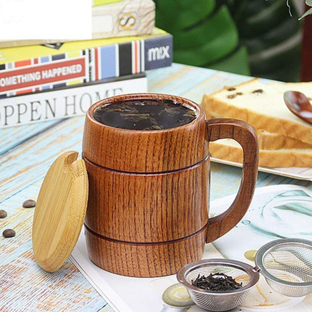 Wooden Beer Mugs,Top Grade Natural Handmade Retro Brown Wood Cup with Handle for Drinking Tea Coffee Wine Beer Hot Drinks,350 ML Wooden Tankard for Men/Women CLELO