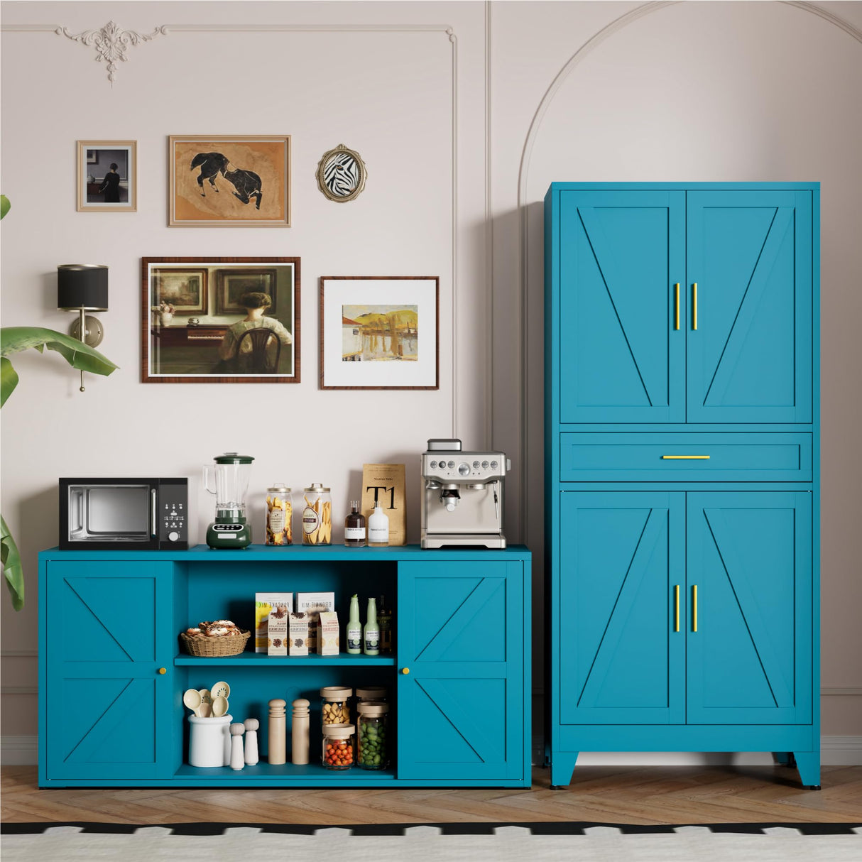 LCAOPC 71" Tall Pantry Storage Cabinet with Drawer and Adjustable Shelves, Freestanding Tall White Kitchen Cupboard Storage Cabinet for Kitchen,Dining Room, Living Room, Blue LCAOPC