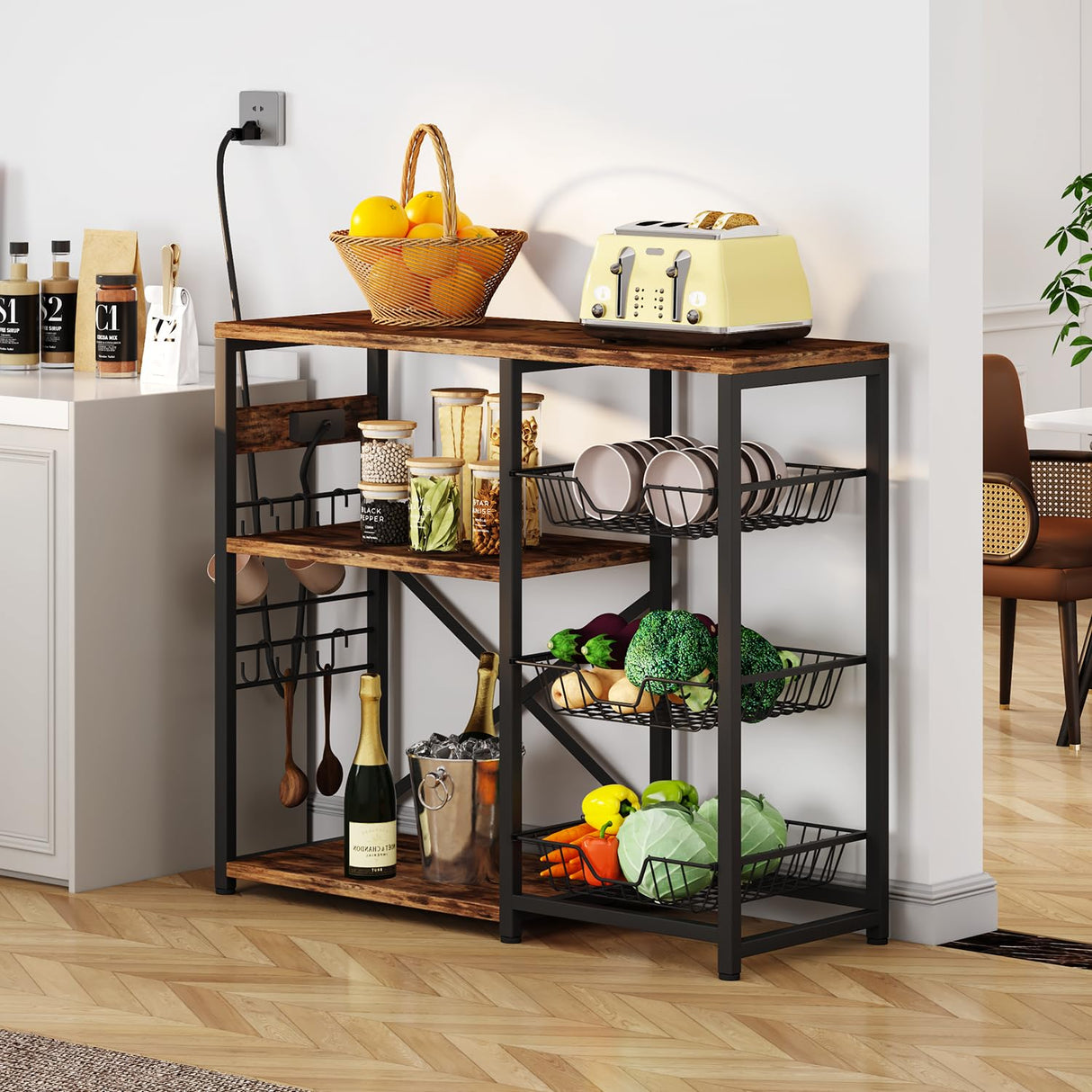 Homeiju Kitchen Island, Baker's Rack with Power Outlet, Microwave Stand, Coffee Bar with 3 Removable Wire Baskets, Kitchen Storage Rack with 6 S-Hooks for Spices, Pots and Pans - Rustic Brown Homeiju