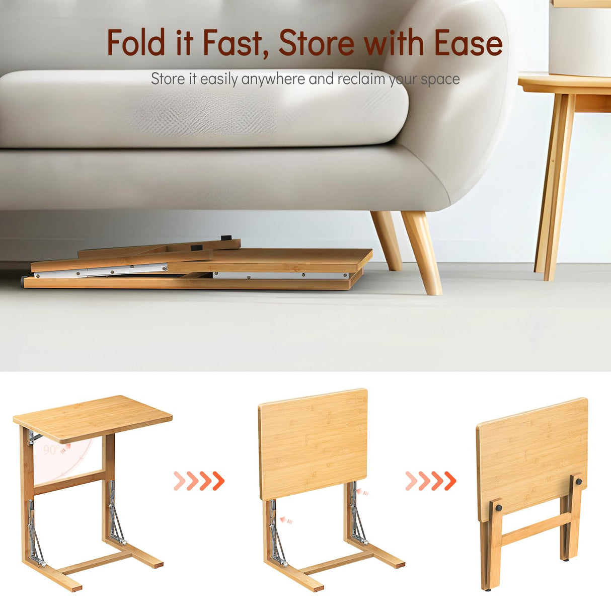 Tatub 24'' Wide Folding C Shaped End Table, Small Sofa Side Laptop Desk, Couch TV Tray Table for Living Room, Bedroom, Nature Bamboo Tatub