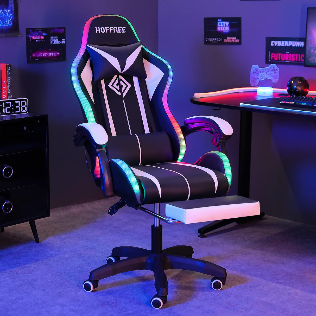 Gaming Chair with Speakers and Lights Ergonomic Computer Gaming Chair with Footrest LED RGB Lights Massage High Back Music Video Game Chair with Lumbar Support White and Black VANSPACE