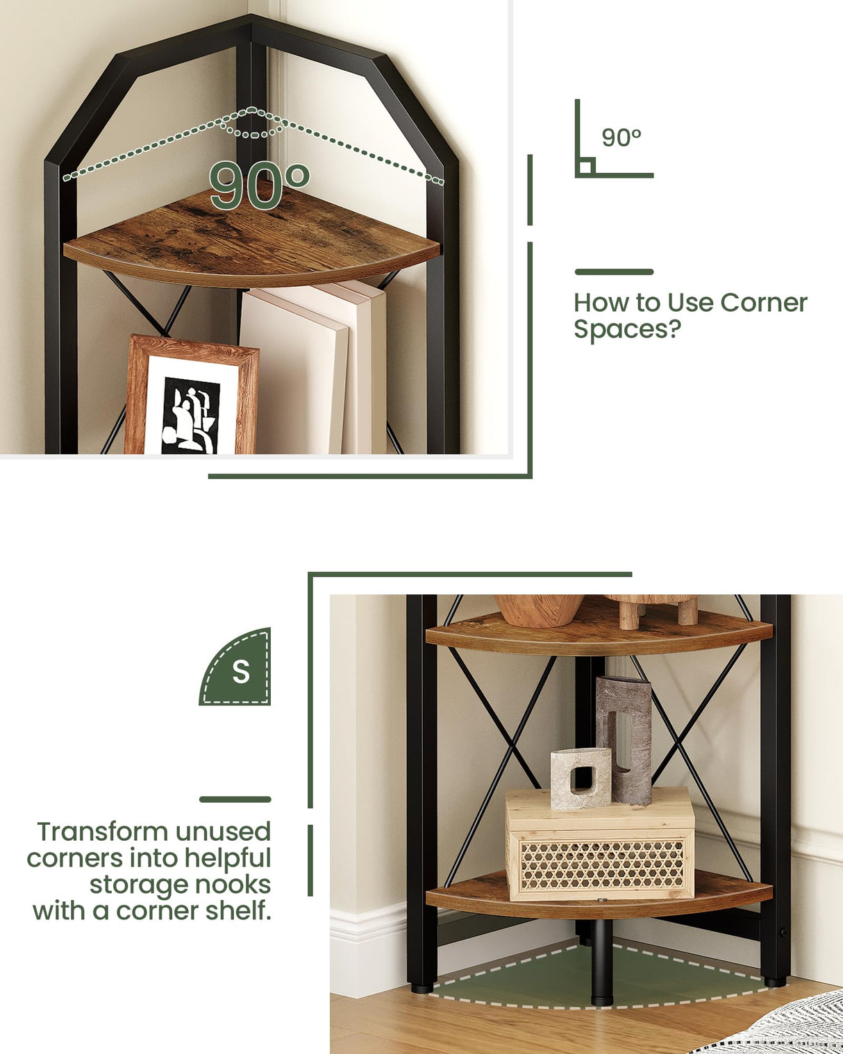 CHOEZON 59.4" Corner Shelf, 5-Tier Industrial Corner Bookshelf, Corner Storage Stand, Plant Stand Display Shelf, Corner Bookcase for Bedroom, Living Room, Home Office, Rustic Brown and Black TCJ10BF CHOEZON