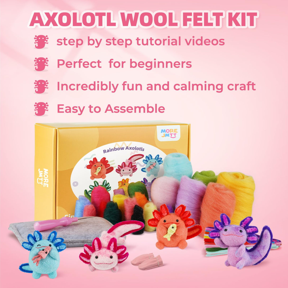 MOREJMTT Needle Felting Kit, 6 PCS Farm Animal Needle Felting Beginner Kits, Wool Felt Needle Felting Tools Foam Pad, Craft Party Supplies for Beginners Adult(6pack Axolotl) MOREJMTT