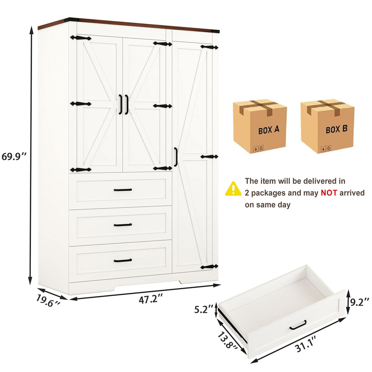 CayugaCrekrd 70" Tall Wardrobe Closet with 3 Doors & 3 Drawers, Farmhouse Armoire with Hanging Rod, Wooden Armoire Wardrobe Closet for Bedroom, Freestanding Clothing Storage Cabinet, White CayugaCrekrd