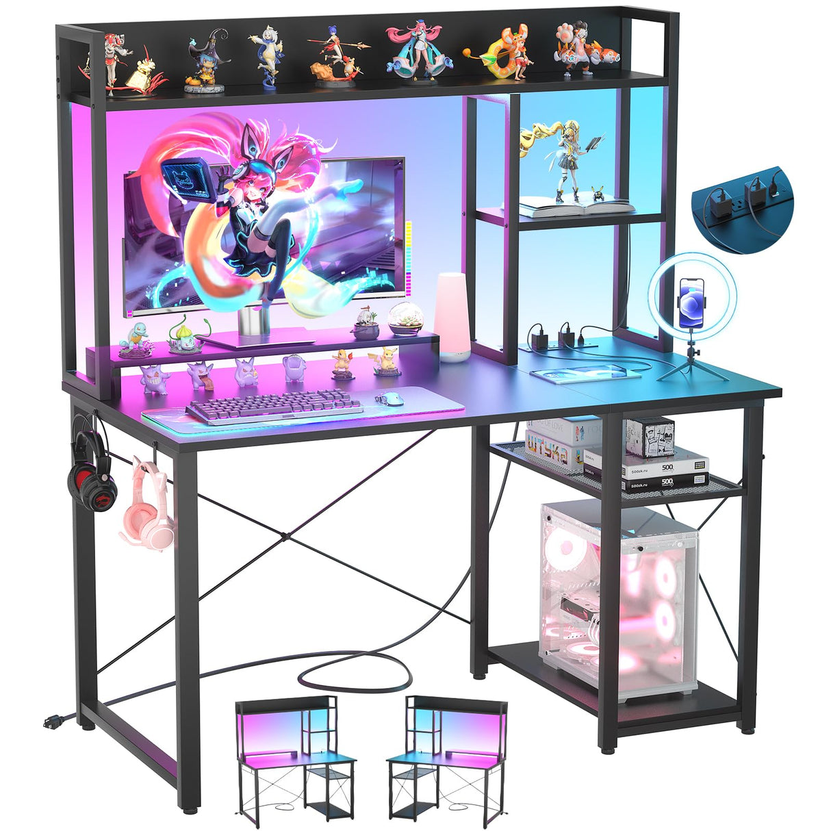 Cyclysio Gaming Desk with Hutch, 39'' Computer Desk with LED Lights & Power Outlets, Home Office Desk with Reversible 5 Tiers Storage Shelves & Monitor Stand, Small Gaming Table for Small Space, Black Cyclysio
