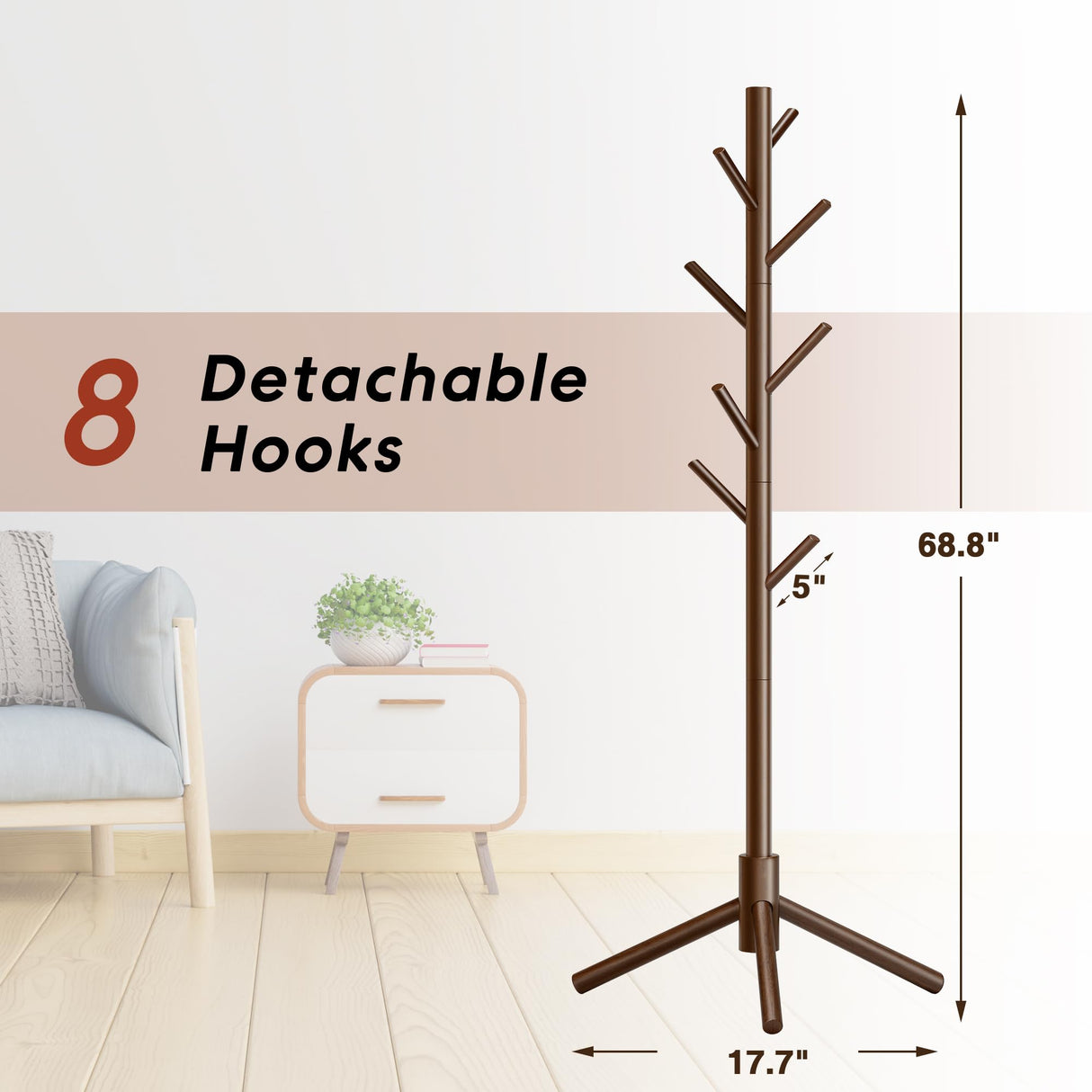 Azaeahom Wooden Coat Rack Stand, Free Standing Coat Rack with 8 Hooks 3 Adjustable Heights for Clothes, Hats, Handbags, Coat Tree Easy Assembly for Entryway, Bedroom, Hallway, Office (New Brown) Azaeahom