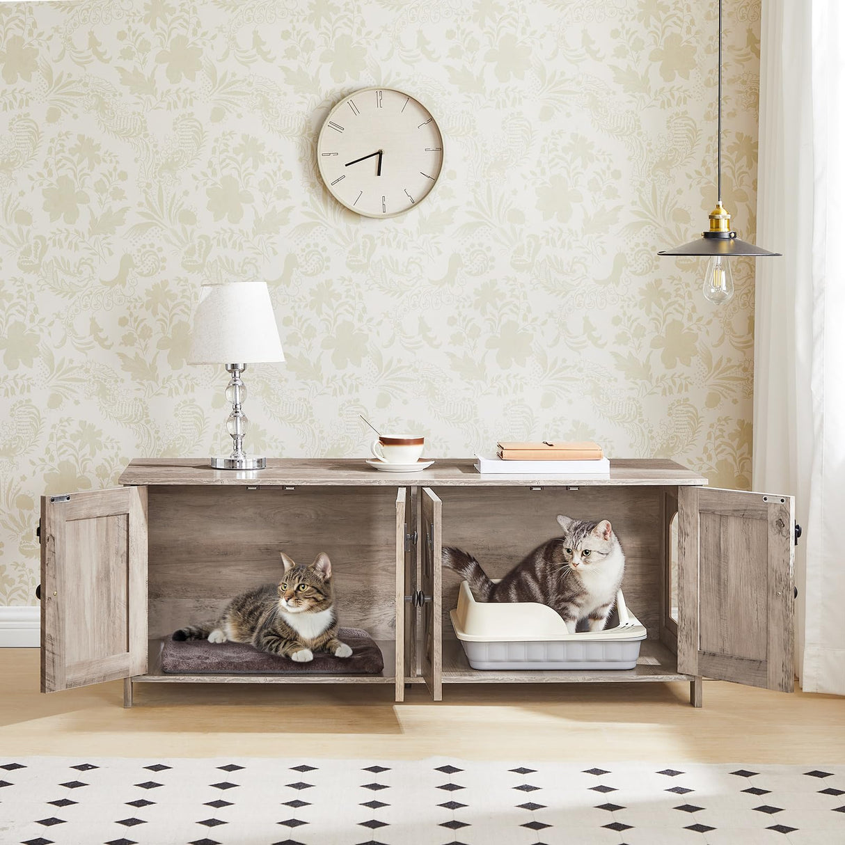 HOOBRO 47.2" Litter Box Enclosure for 2 Cats, Hidden Litter Box Furniture with Double Rooms, Wooden Cat Litter Box Enclosure, Dual Litter Box Design, Large Cat House for 2 Cats, Greige BG32MW01 HOOBRO