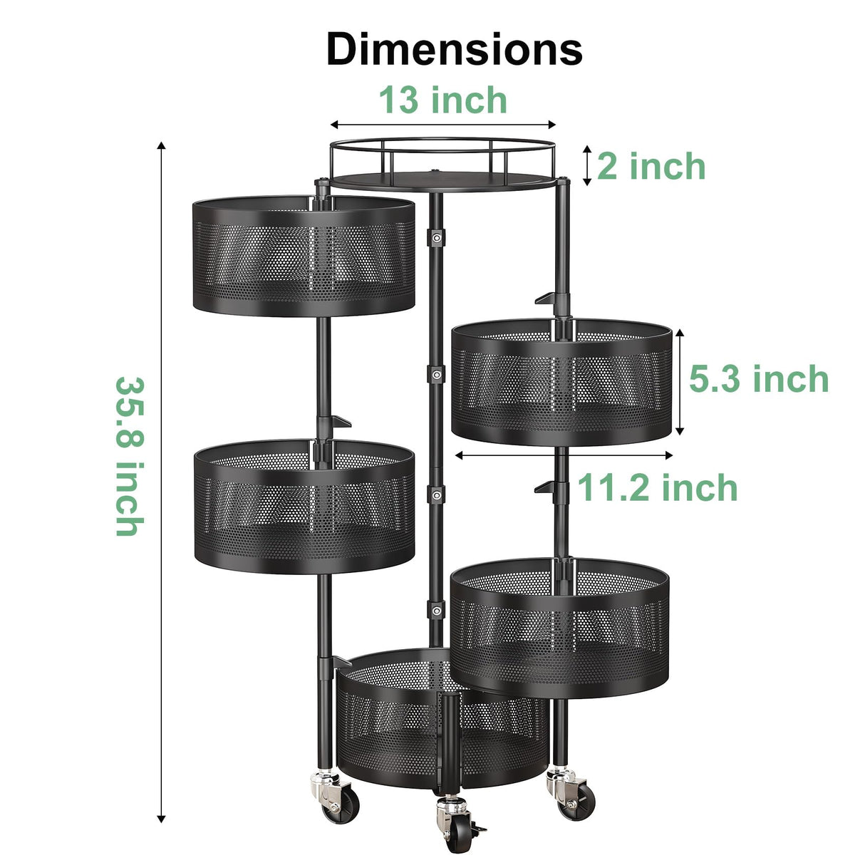 SAYZH Fruit Vegetable Basket for Kitchen, Rotating Storage Rack, 5 Tier Rolling Cart with top lid, Large Metal Wire Wheels, Black SAYZH