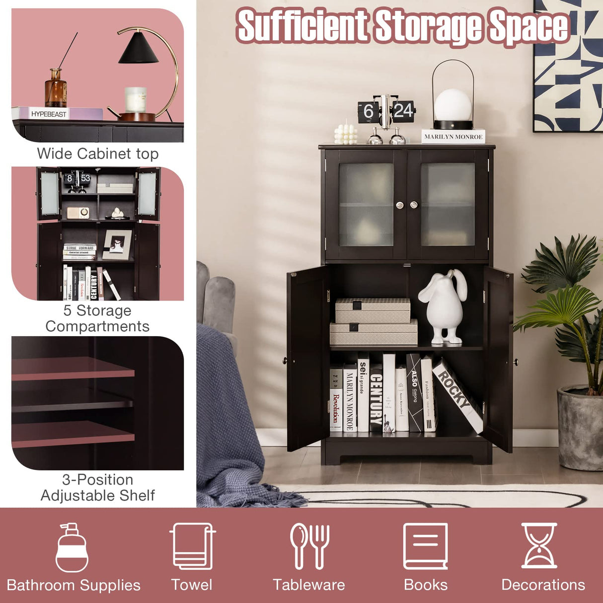 Tangkula Brown Freestanding Bathroom Floor Cabinet with Glass Doors and Adjustable Shelf Tangkula