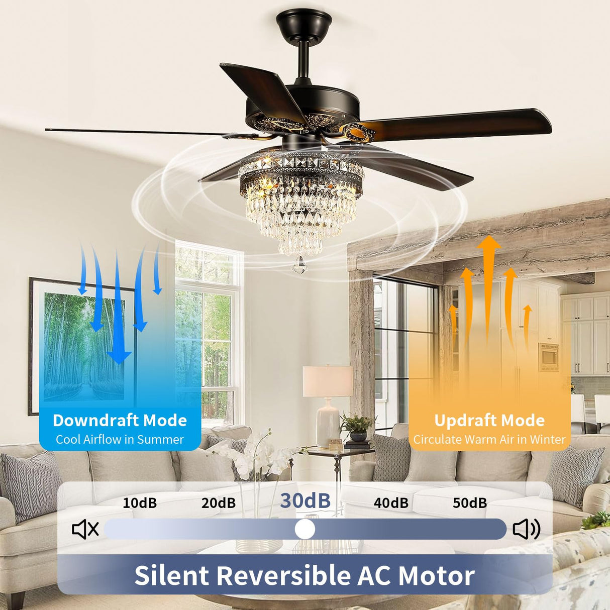 Crystal Chandelier Ceiling Fan with 3-Light, Farmhouse Fandelier with Remote - Silent DC Motor, K9-Crystal, Wood Blades, 3-Speed and Timing, Energy-Efficient Ceiling Fans for Living Room (52" Black) Chansim