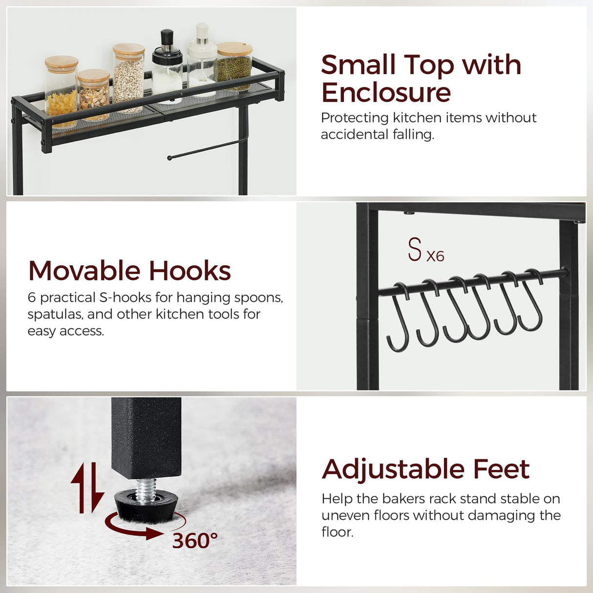 MAHANCRIS Bakers Rack with Power Outlet, Kitchen Storage Shelf with Paper Holder, Microwave Stand, Coffee Bar with 6 Hooks, Socket with Switch, for Kitchen, Dining Room, Rustic Brown BRHR36E01 MAHANCRIS