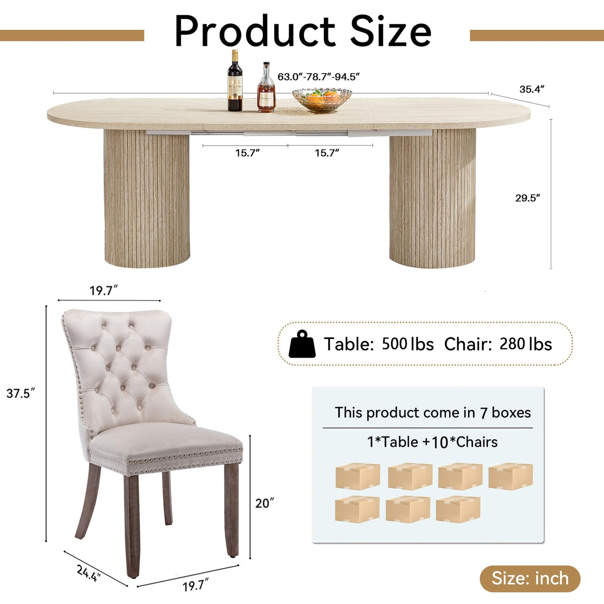 63"-94" Large Extendable Dining Room Table Set for 10, 11-Piece Oval Dining Table Set with 10 Beige Upholstered Chairs, Space Saving Farmhouse Expandable Kitchen Table Set with Fluted Wood Base Pvillez