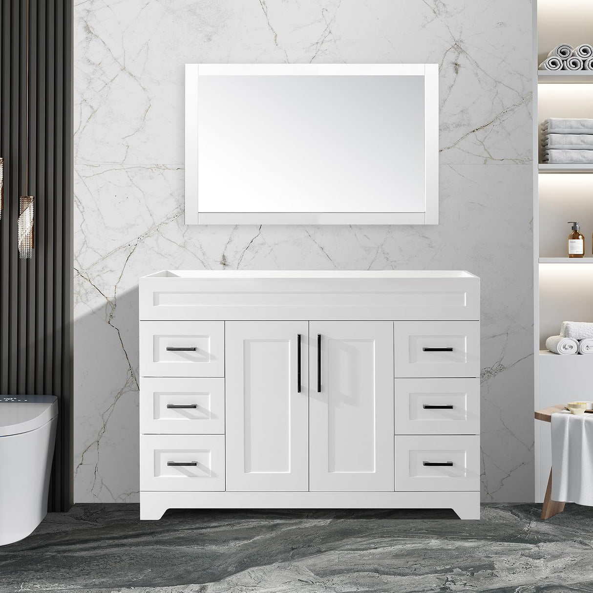BUPWHEK 48” Bathroom Vanity Cabinet Without Sink, Modern White Bathroom Storage Cabinet with 2 Doors and 6 Drawers BUPWHEK