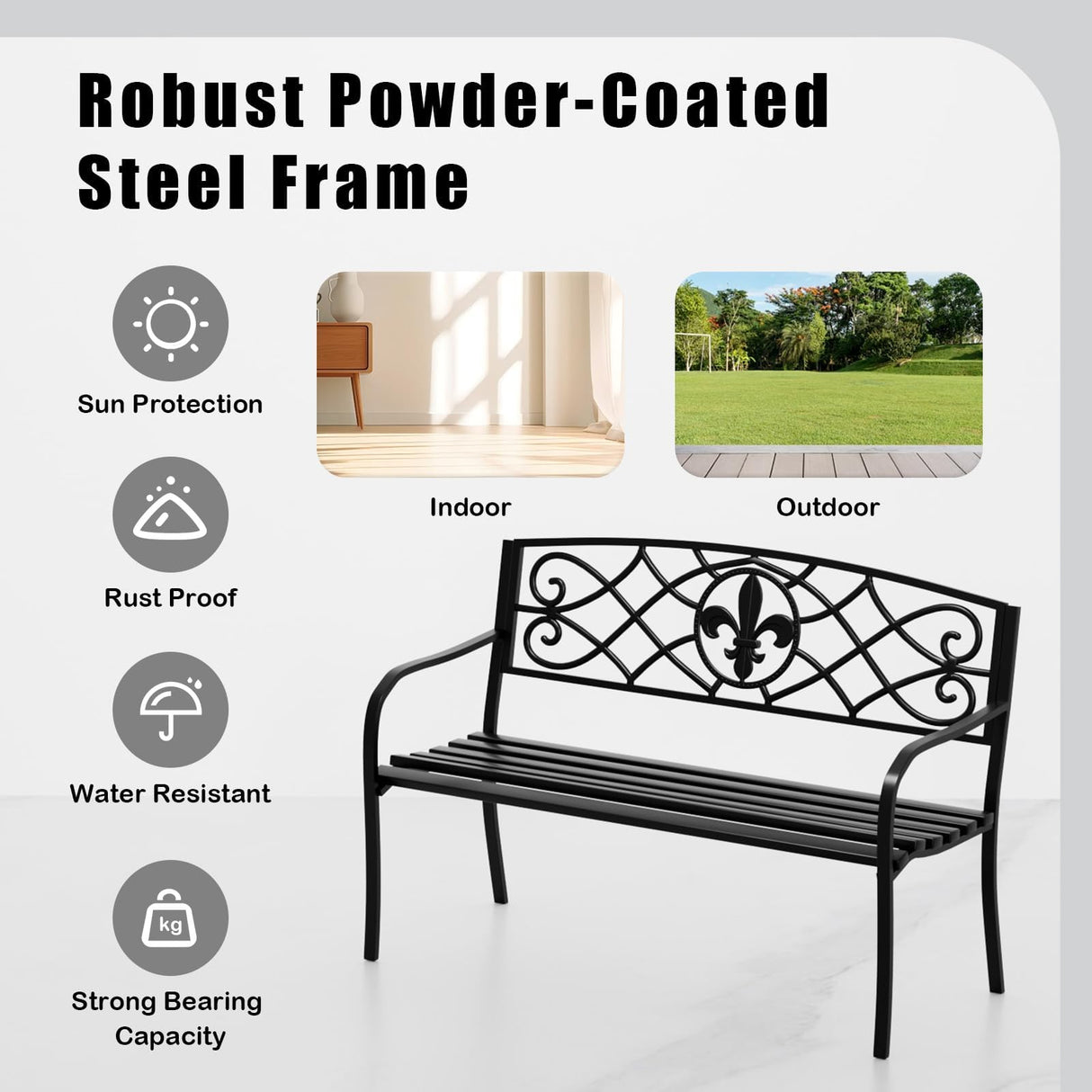 JMGJOY Classic Wrought Iron Outdoor Bench, Metal Weatherproof Garden Bench with Ergonomic Backrest and Armrests, for Patio, Porch, Park, Lawn JMGJOY