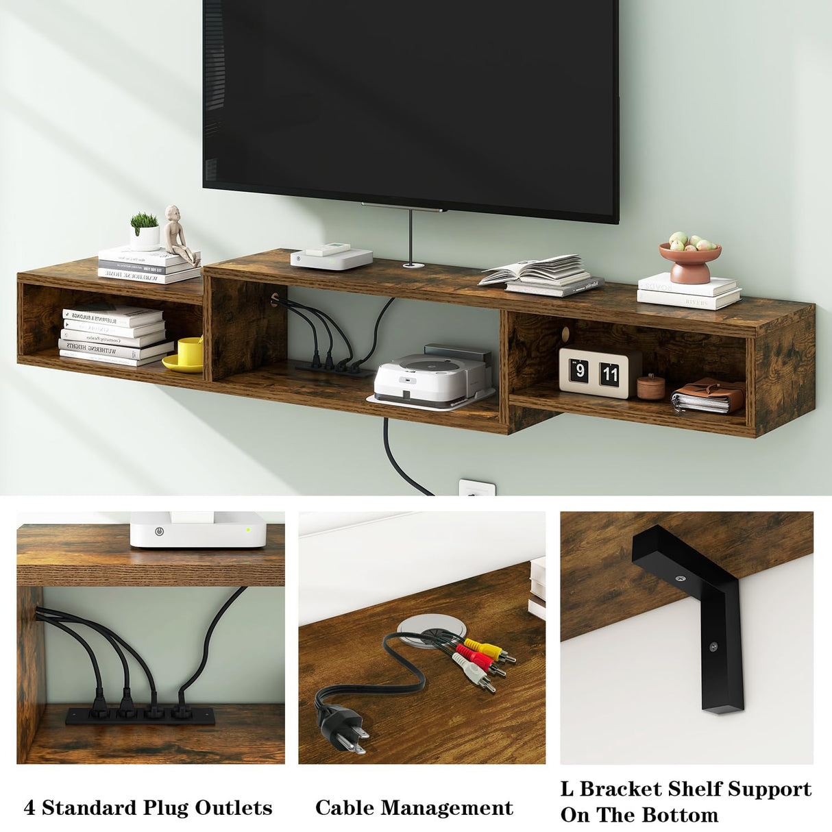 IBUYKE 71" Floating TV Stand Wall Mounted with Power Outlet,Wood Wall Mounted Media Console Shelf,Floating Entertainment Center for Under TV Storage for Living Room Bedroom Office,Rustic Brown WST008H IBUYKE