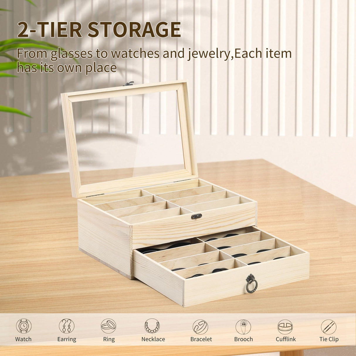 AUTOARK Pine Wood 16 Piece Eyeglasses Storage and Sunglass Glasses Display Drawer Lockable Case Organizer,DIY Colors,AW-187 AUTOARK