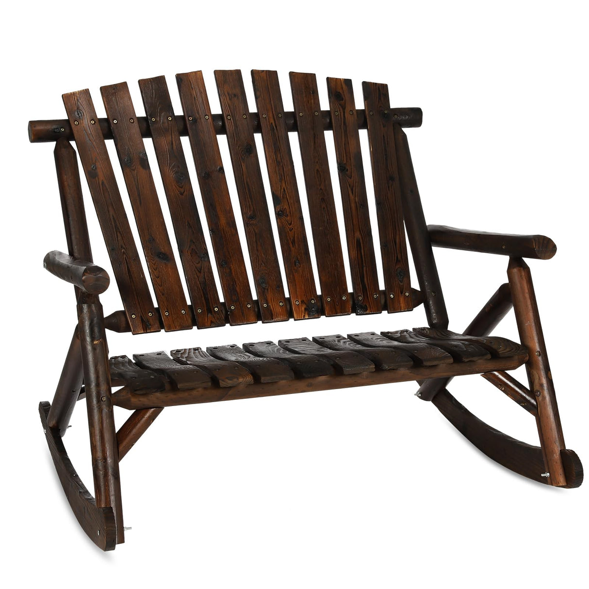 EPICOZY Outdoor Double Wooden Rocking Bench, Adirondack Porch Rocker Chair for 2 Persons, Patio Rustic Log Rocker Loveseat with High Slatted Seat & Backrest for Deck, Backyard, Garden, Carbonized EPICOZY