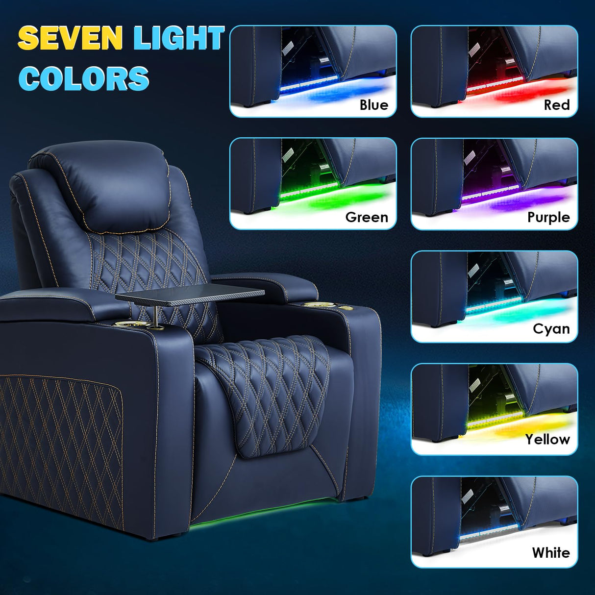 Weilianda Chic Top Grain Leather Home Theater Seating Power Headrest Recling Movie Gaming Recliner Sofa with 7 Colors Ambient Lighting, Golden Cup Holder Carbon Fiber Tray Table Loveseat Blue Weilianda