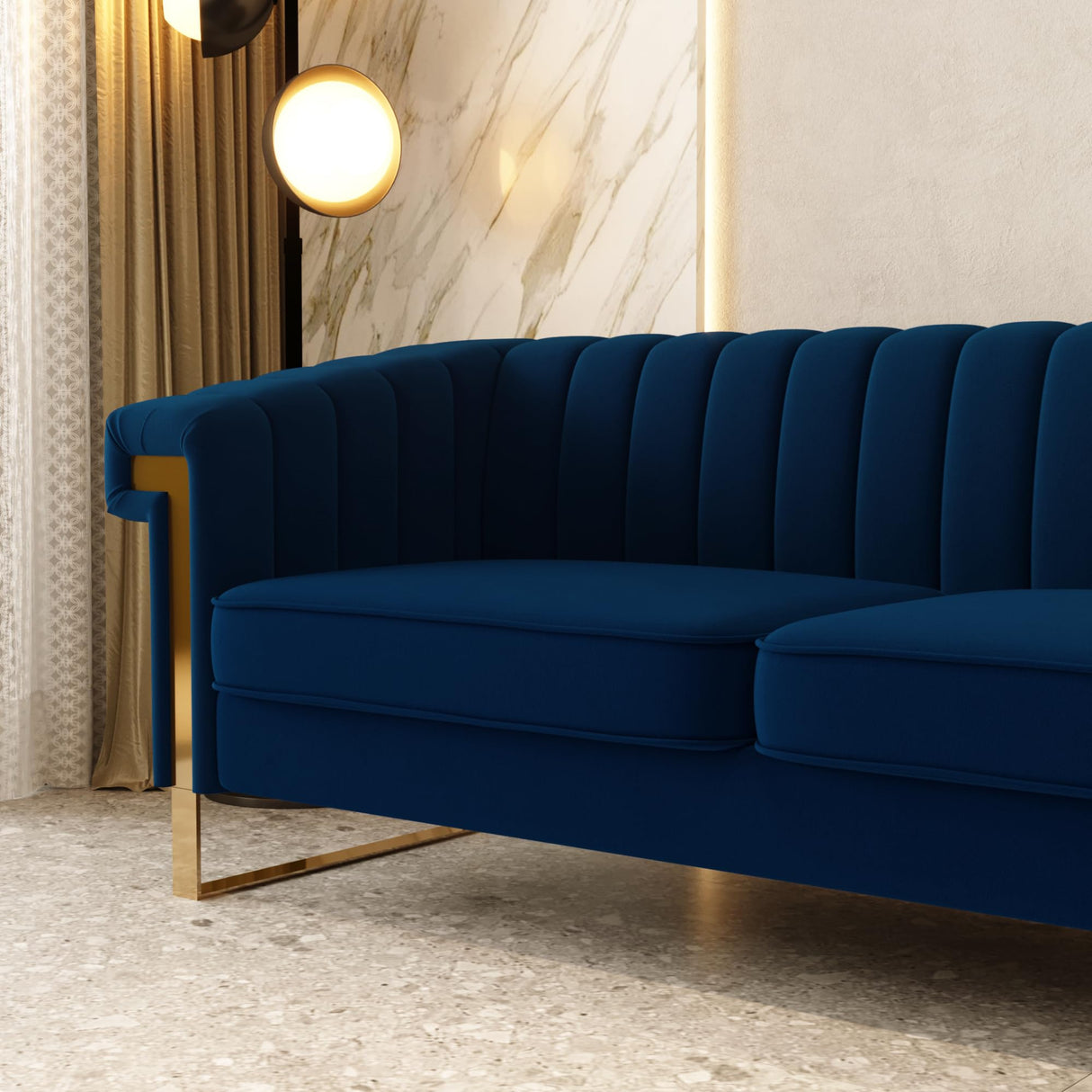 yunqishi Mid-Century Modern Blue Velvet Sofa with Gold Metal Legs, 83.86" Luxury Chesterfield Comfy Couches for Living Room (Velvet, Blue) yunqishi