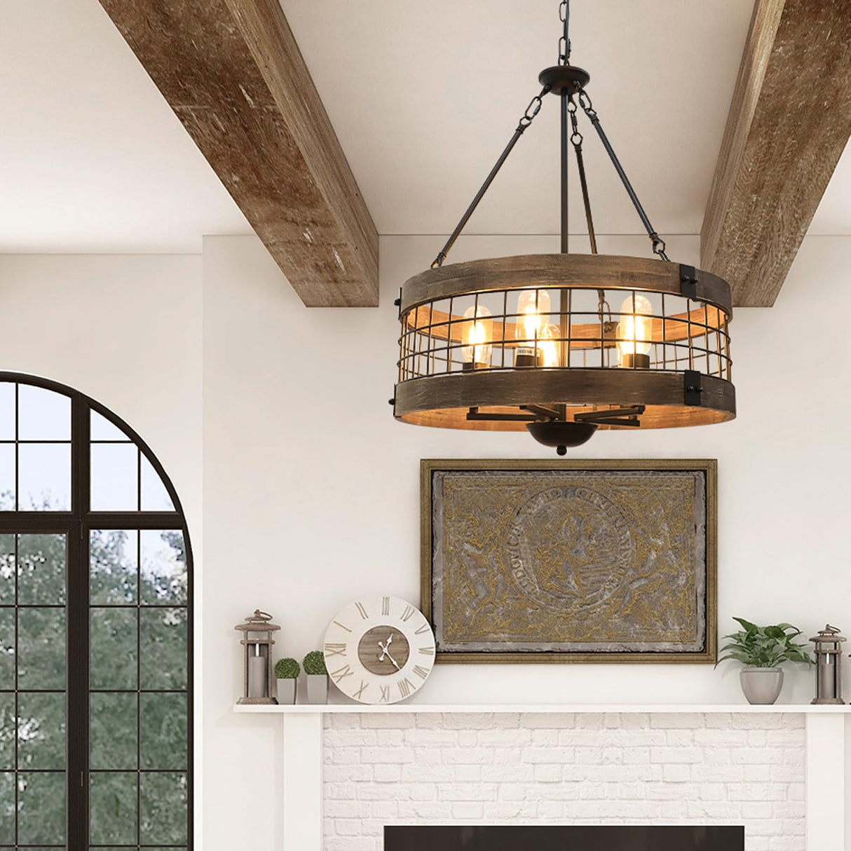 LamQee 5-Lights Rustic Farmhouse Chandeliers for Dining Room Over Table Wood and Metal Chandelier for Foyer Round Wooden Lights Fixture Large Drum Hanging Lighting Entryway Hallway Kitchen 18.9 Inch LamQee