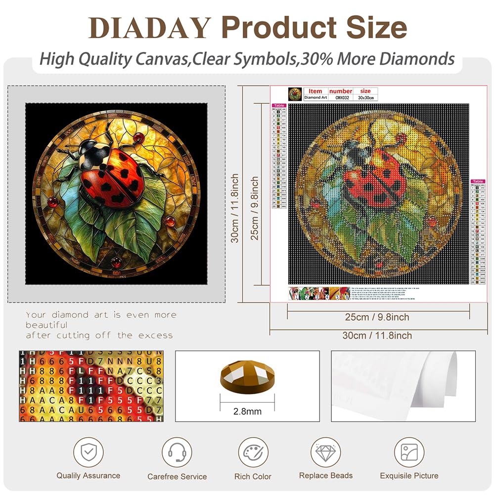 DIADAY 5D Diamond Painting Kits Stained Glass Ladybug Diamond Art Kits for Adults Beginners, DIY Craft Full Drill Round Gem Diamond Dots Art Home Wall Decor Gift 12 x 12 Inches DIADAY