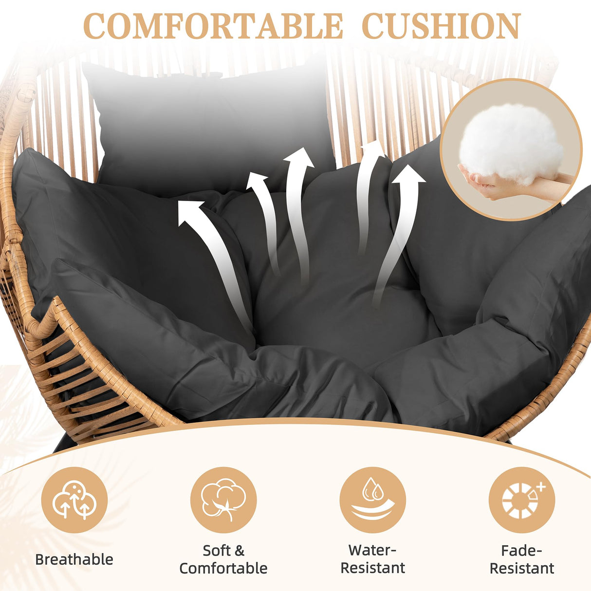 Vongrasig Outdoor Wicker Egg Chair PE Rattan Chair with Cushion, Oversized Patio Lounge Chair for Outdoor, Indoor, Balcony, Backyard, Garden, Black Vongrasig