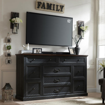 IFGET Farmhouse 9 Drawers Dresser for Bedroom, 60" Wide Wood Rustic Chest of Drawers, Large Storage Dressers Organizer for Bedroom, Living Room, Hallway, Dining Room, Dark Grey