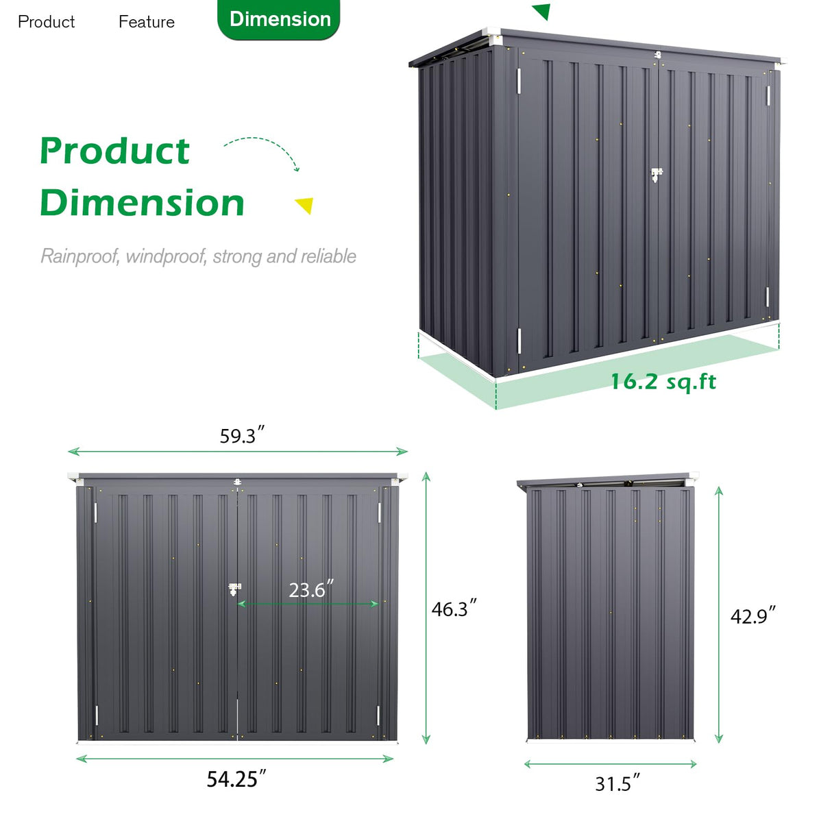 AECOJOY Outdoor Trash Can Storage Shed, 46 Cu.Ft Outside Garbage Can Storage Shed, Dark Grey Outdoor Horizontal Storage Cabinet Waterproof, Bike Sheds & Outdoor Storage Clearance AECOJOY