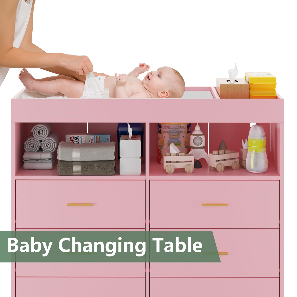 Babevy Changing Table Dresser with Drawers, Baby Dresser with Changing Table Top, Power Outlet, LED Light & Metal Feet, Diaper Changing Station Nursery Organizer for Infants Newborn, Pink Babevy
