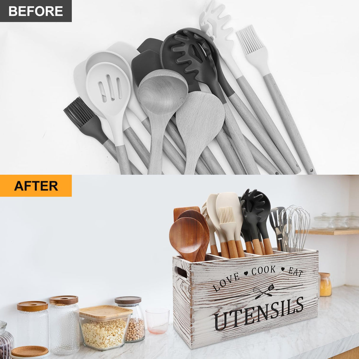 Rustic White Wooden Utensil Holder for Kitchen Counter Decor Extra Large Utensil Crock Organizer Silverware Caddy Farmhouse Wood Cutlery Holder Cooking Utensil Stand Storage kitchen Tools Holder Renawe