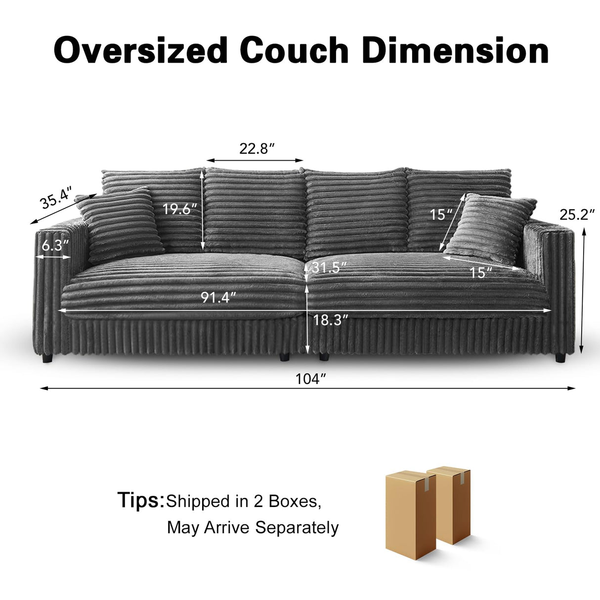 Kalafini 104'' Cloud Couch Loveseat, Oversized 4 Deep Seats Modular Sectional Sofa with Cup Holders & Storage, Plush Corduroy Upholstered Memory Foam Couches for Living Room, Apartment, Office (Grey) Kalafini