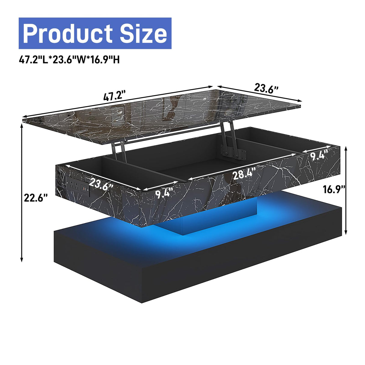 chartustriable 47.2" Large Lift Top Coffee Table with Charging Station, LED Modern High Glossy Center Table with Hidden Compartment Storage, White Lift Living Room Tables with Marbling Print, Black chartustriable