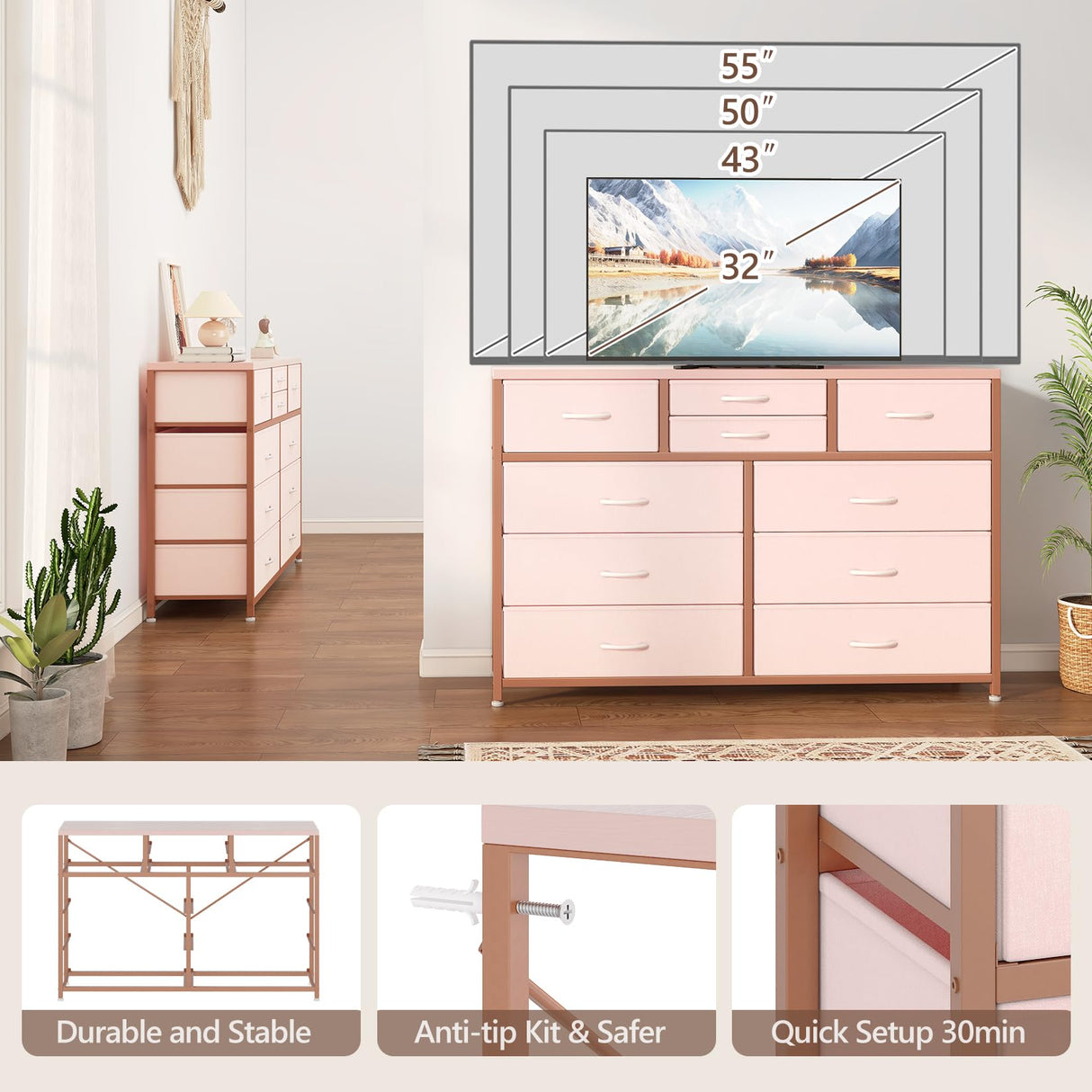 GAOMON Dresser for Bedroom TV Stand for 55” TV, Entertainment Center with 10 Drawers, Storage Organizer Unit for Living Room, Closet, Entryway, Hallway (Pink) GAOMON