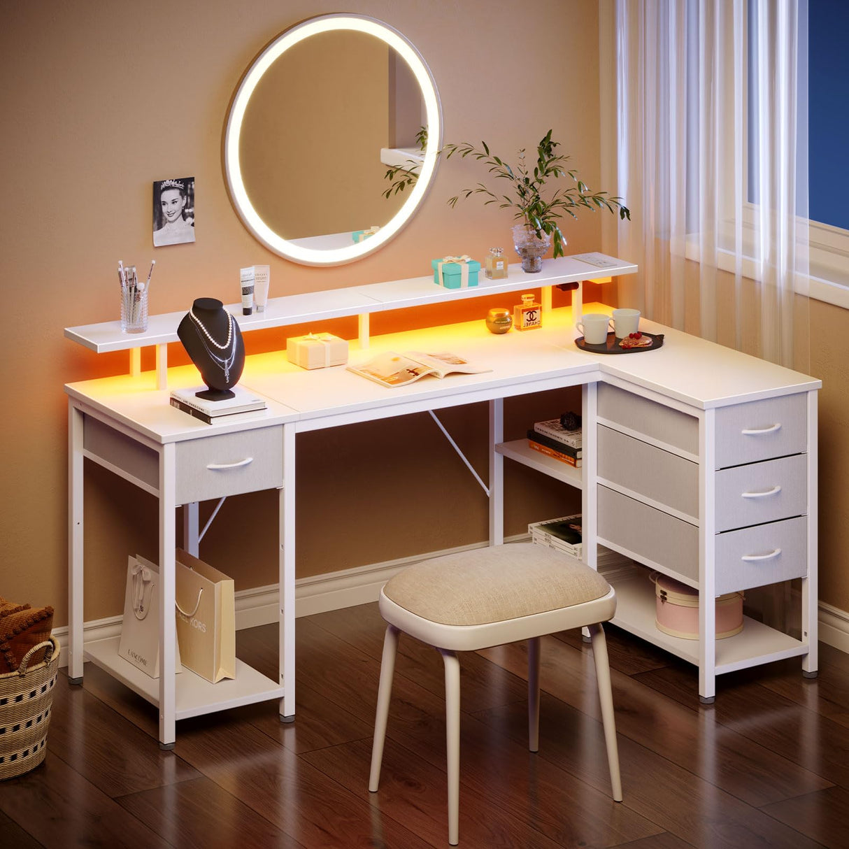 Seventable Gaming Desk with Drawers, 47.2 Inch L Shaped Desk with Storage Shelves, Small Office Desk with LED Lights & Power Outlets, White Corner Computer Desk with Monitor Stand for Bedroom Seventable