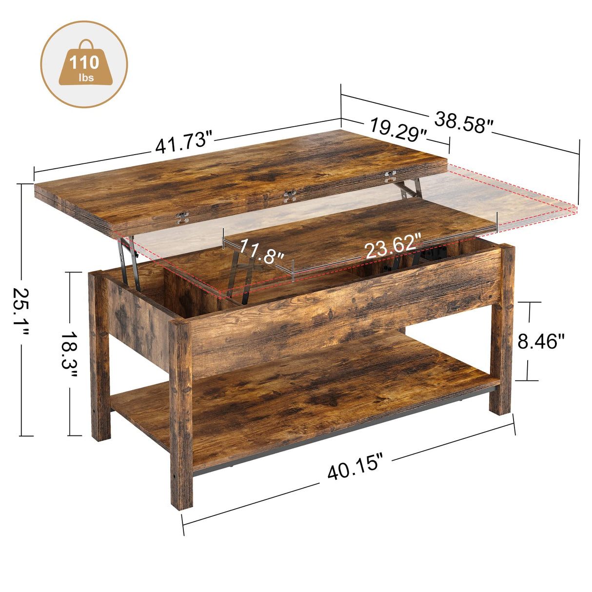 FABATO Lift Top Coffee Table, 4-in-1 Multi-Function Convertible Coffee Table with Storage, Coffee Table Converts to Dining Table for Living Room Reception Room Office, Rustic Brown, 41.73*19.29*18.3 FABATO