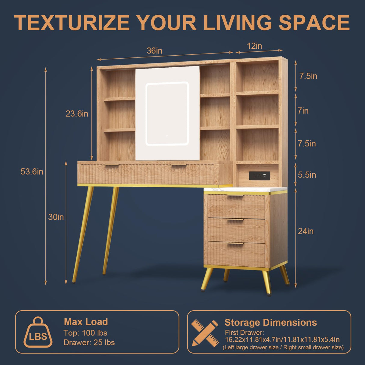 HSSZXFR 48" Fluted Makeup Vanity Desk with Mirror and Lights, Rustic Vanity Table with Modern Glass Top and Charging Station, Vanity Wooden 5 Drawers and Shelves Adjustable (Wood) HSSZXFR