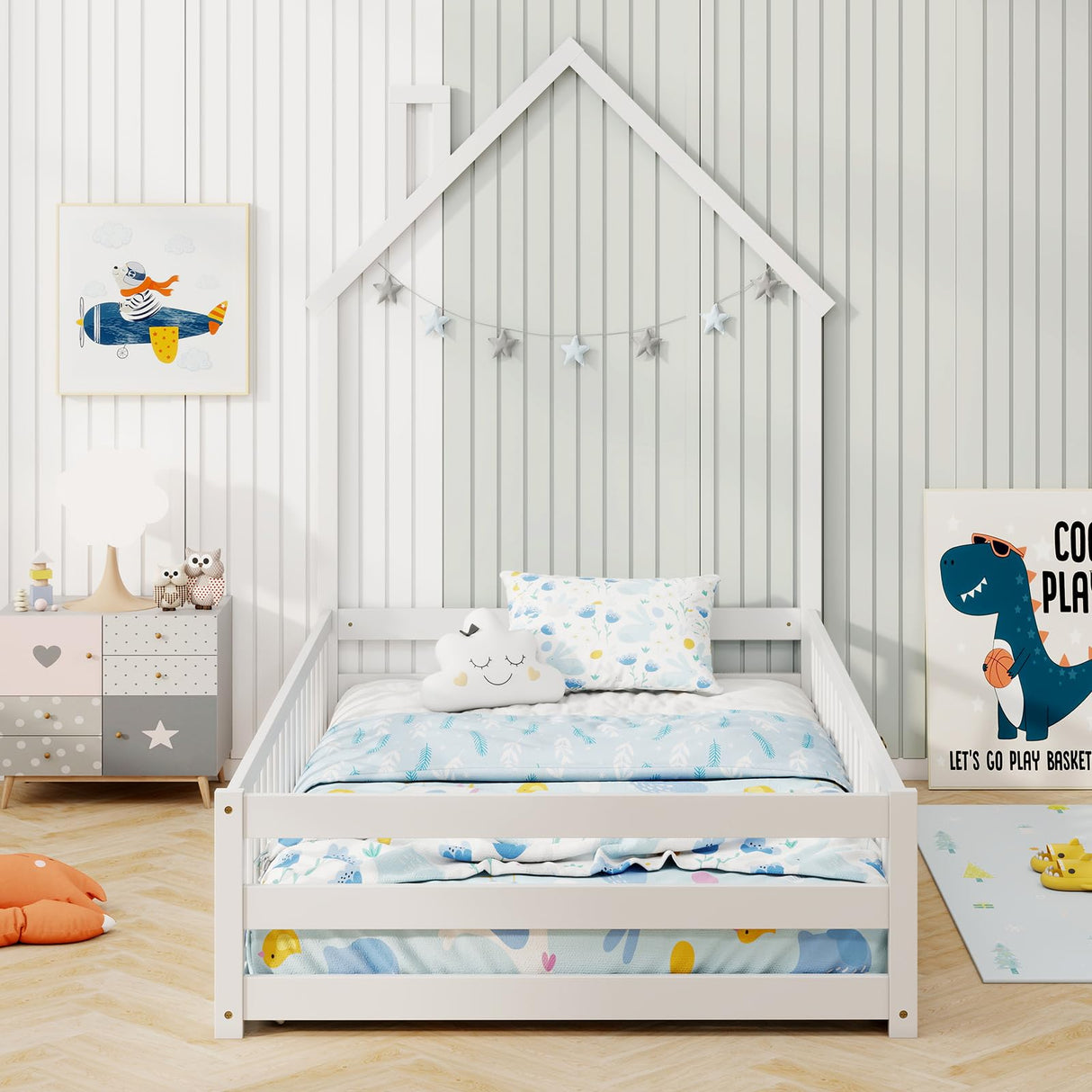 GORELAX Twin Floor Bed, Montessori House Bed, Floor Kid House Bed Frame with Fence, No Box Spring Needed, Wood Twin Size Platform Bed Frame for Boys, Girls (White) GORELAX