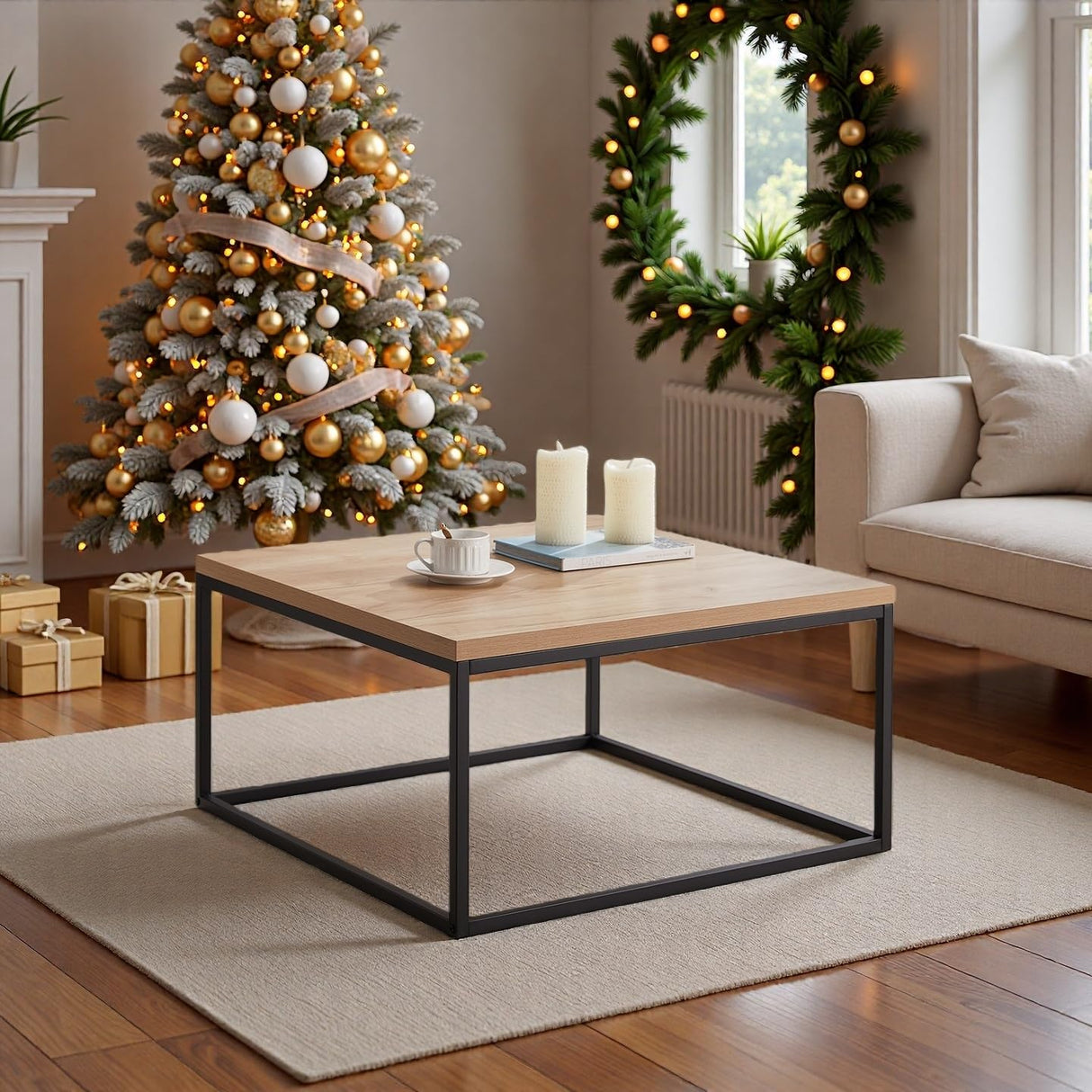 CENSI 30" Square Coffee Table, Natural Oak Light Wood Center Table for Living Room, Modern Industrial Farmhouse Cocktail Table, Extra Thick 1.2" Top with Sturdy Metal Frame, Scandi Style CENSI