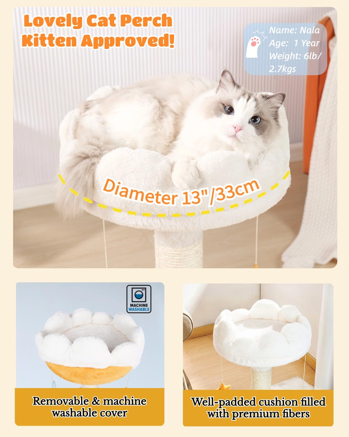 Happi N Pets Cloud Cat Tree, Cat Scratching Post with Bed, Cat Tree Tower for Indoor Cats, Sisal Cat Scratcher with Soft Perch for Kitten & Adult Cats, Small Cat Tower with Toys, Cat Scratch Post Happi N Pets