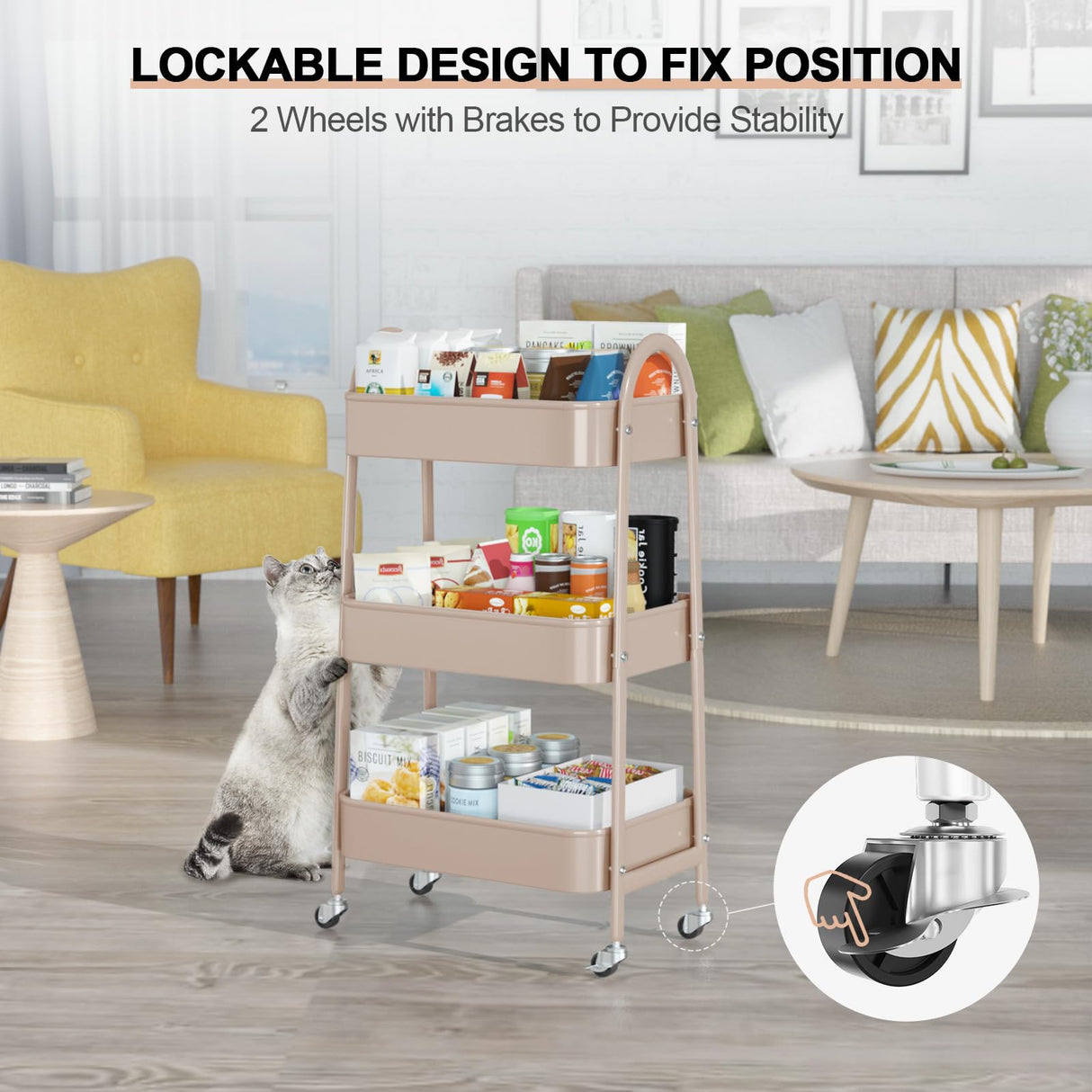 EAGMAK 3 Tier Utility Rolling Cart, Metal Storage Cart with Handle and Lockable Wheels, Multifunctional Storage Organizer Trolley with Mesh Baskets for Kitchen, Living Room, Office, Garage (Beige) EAGMAK