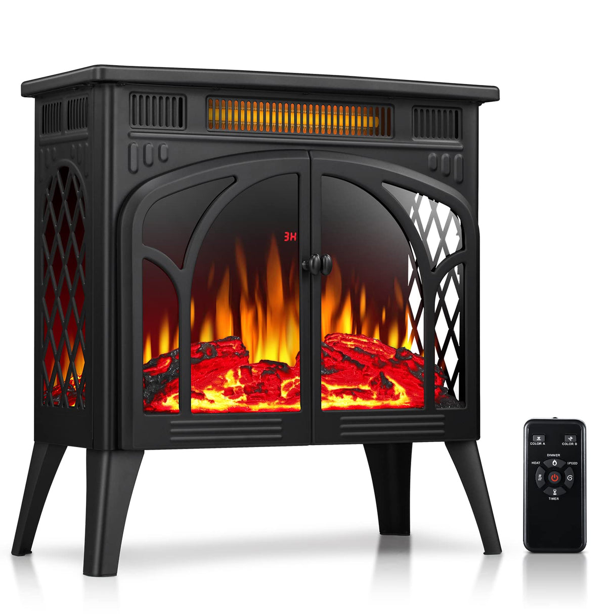 Rintuf Electric Fireplace Heater, 1500W Infrared Fireplace Stove w/ 3D Realistic Flame, 5100BTU Freestanding Electric Stove Heater with Remote Control, 8H Timing, Ideal for Indoor Home Use Rintuf
